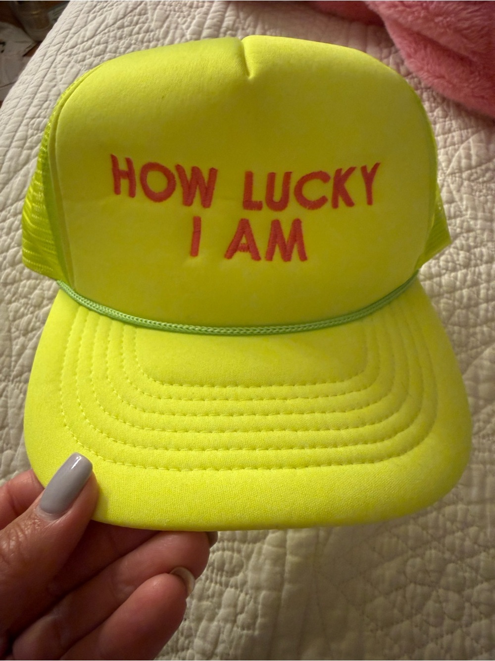 How Lucky I Am Neon Yellow Trucker Hat